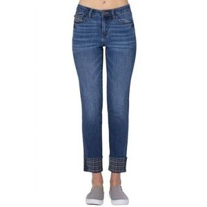 Judy Blue Blue Mid-Rise Hidden Plaid Cuffed Jeans Denim Winter Shaping Classic